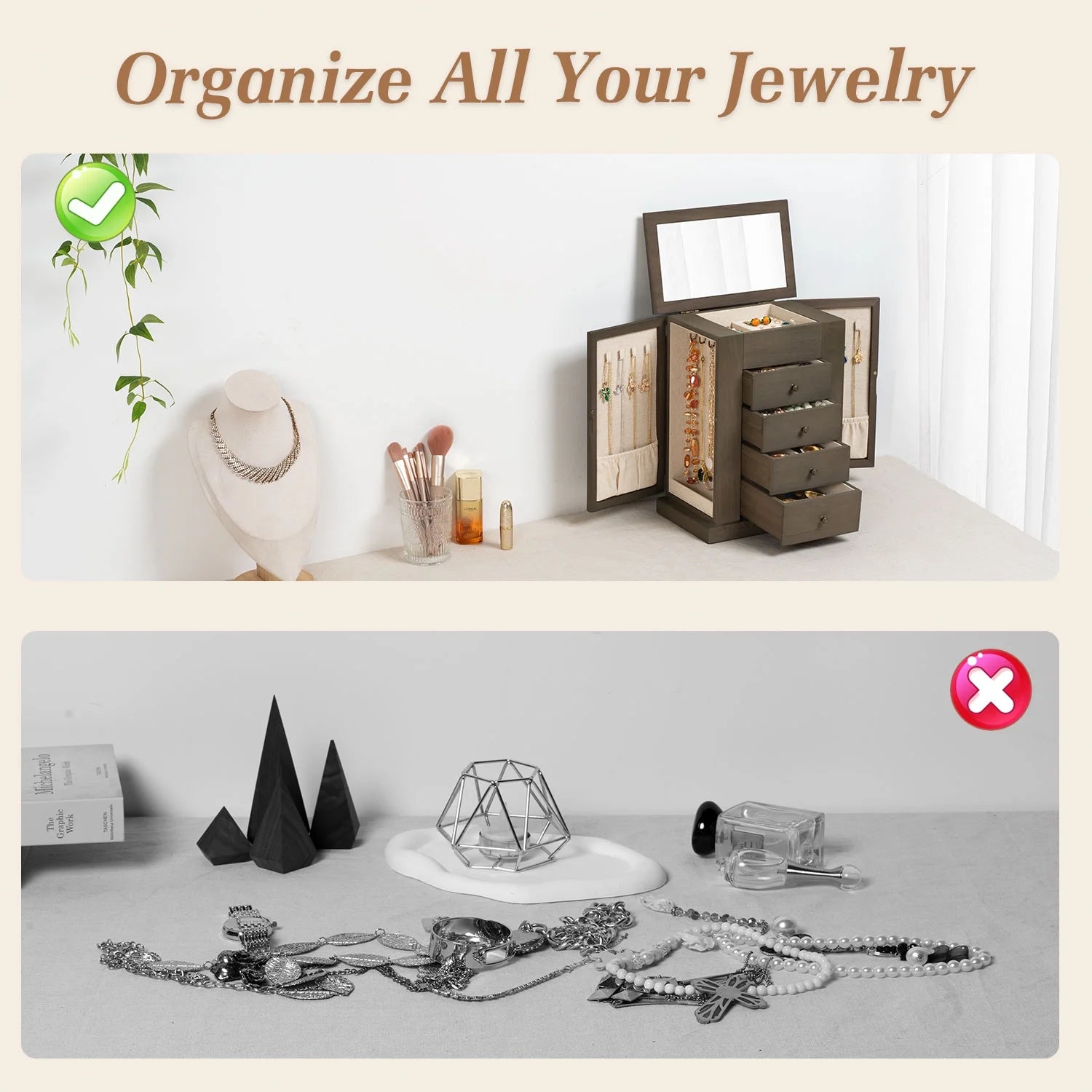 Jewelry Box for Women, 5 Layer Large Wood Boxes & Organizers for Necklaces Earrings Rings Bracelets, Rustic Organizer with Drawers and Mirror