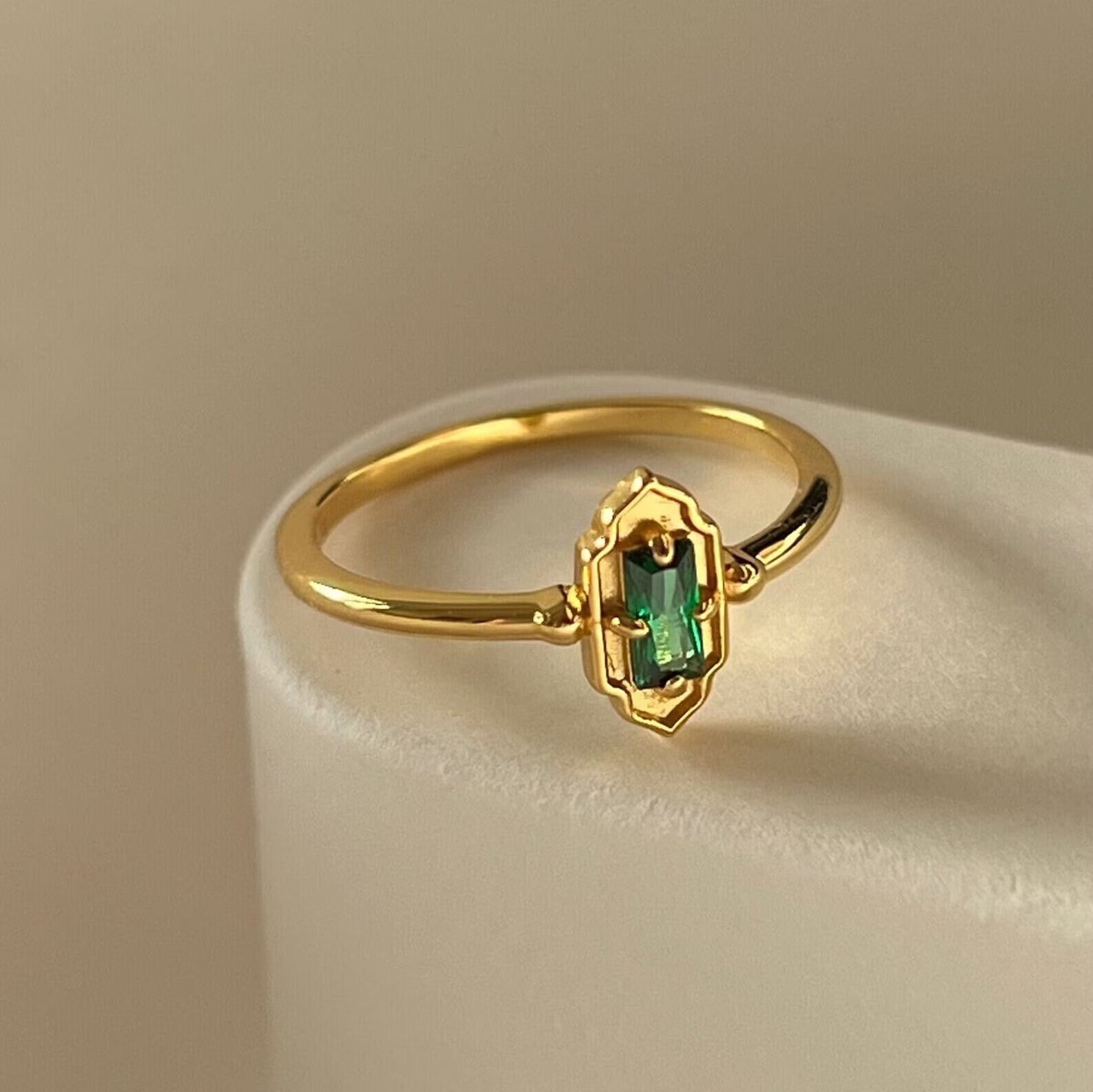 Dainty 18K Gold Vermeil Emerald Ring | Waterproof | Hypoallergenic | Promise Ring | Gift for Her | Love Gift | Engagement | Proposal
