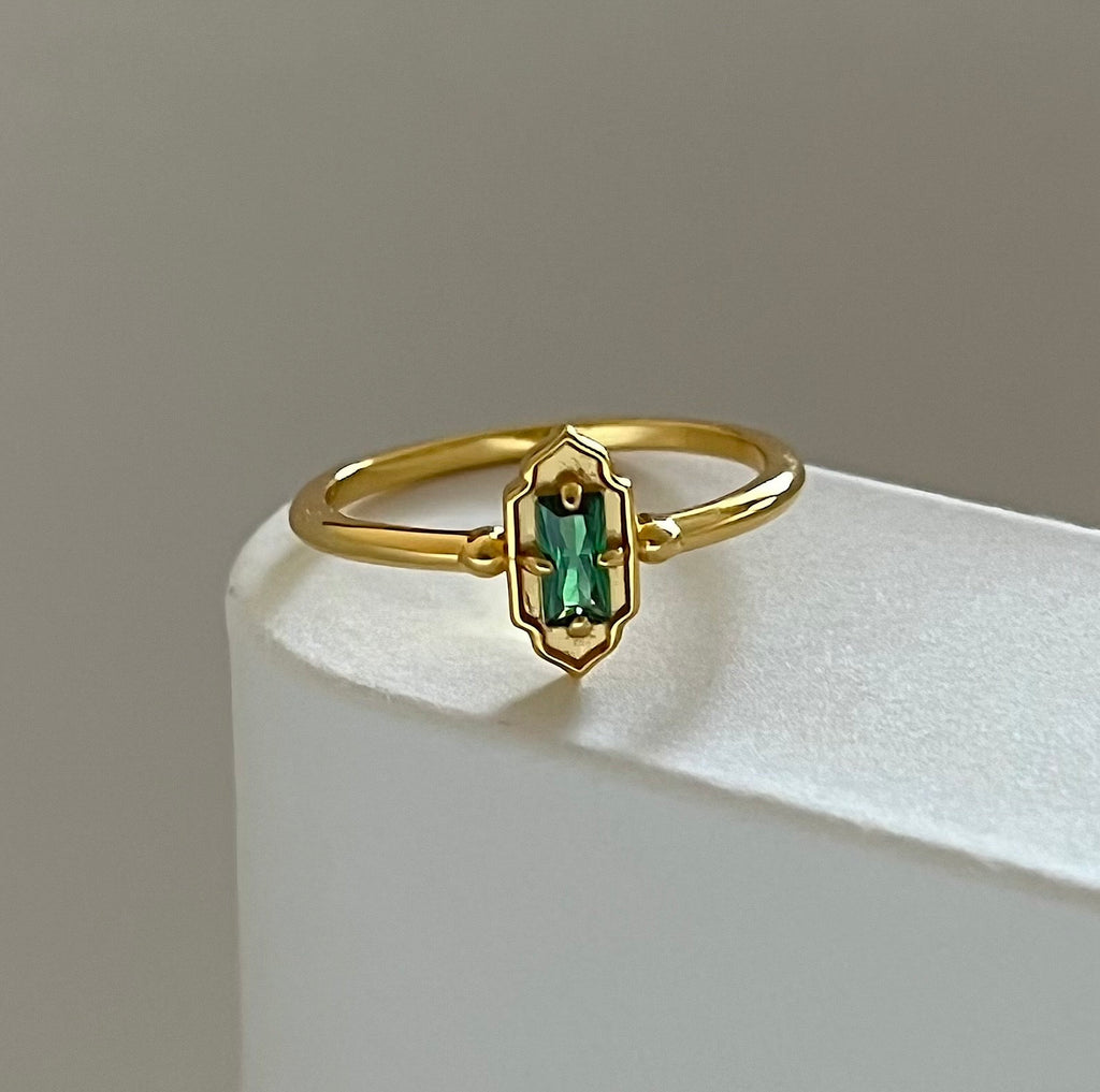 Dainty 18K Gold Vermeil Emerald Ring | Waterproof | Hypoallergenic | Promise Ring | Gift for Her | Love Gift | Engagement | Proposal