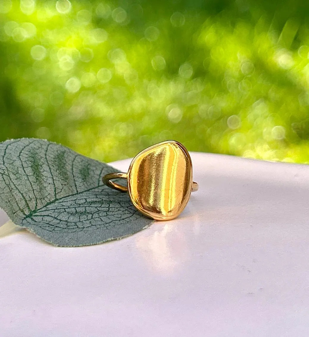 Simple, Chic and Timeless - a Waterproof Gold Ring in an Adjustable Size with a Smooth Gold Disc in an on Trend Irregular Finish