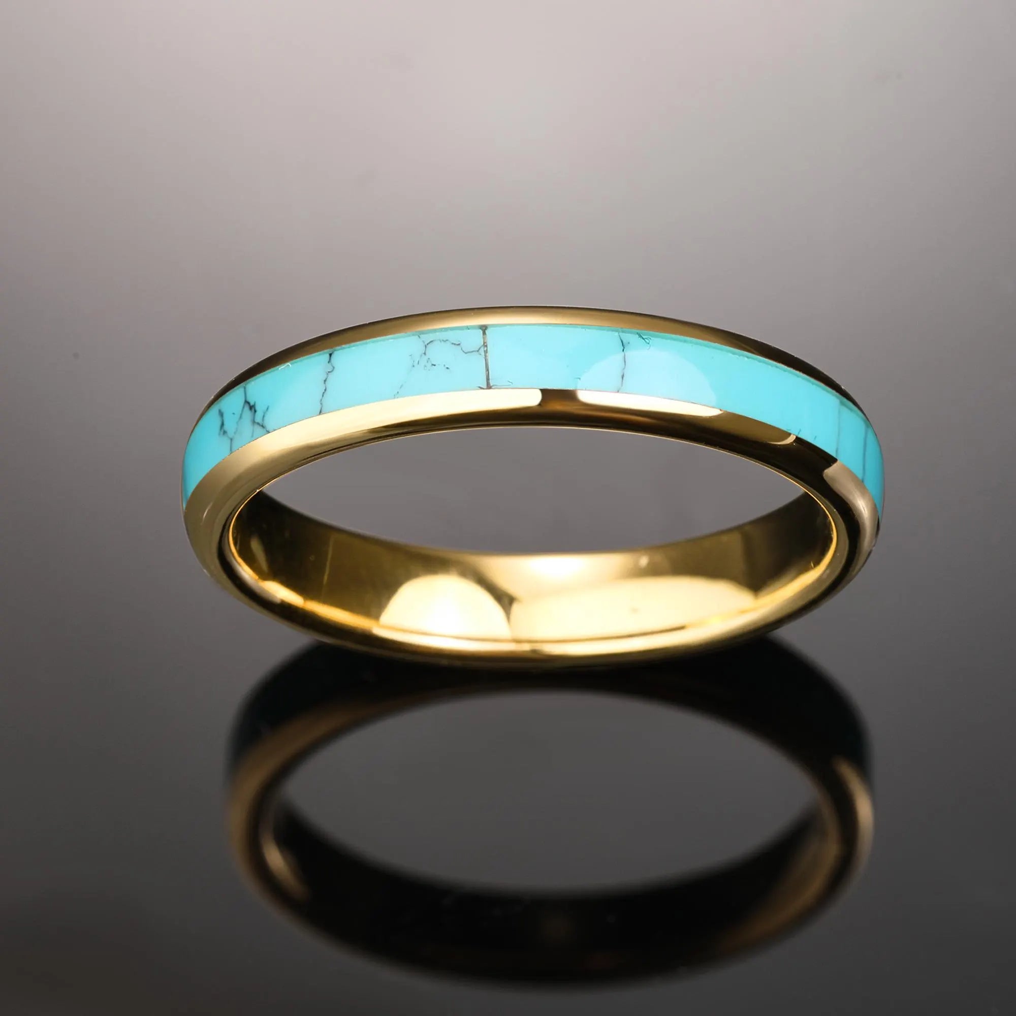 Turquoise Inlay Gold Tungsten Ring, Yellow Gold Tungsten Wedding Ring,Turquoise Wedding Band,4Mm Promise Ring,Unisex Band,Anniversary Gift