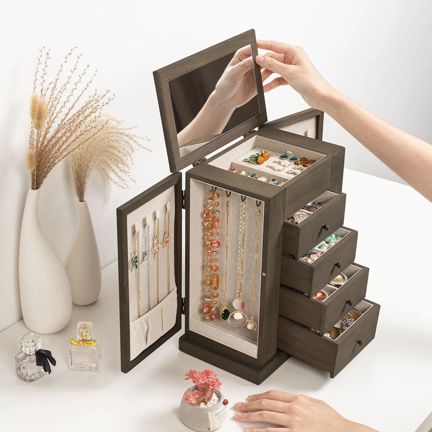 Jewelry Box for Women, 5 Layer Large Wood Boxes & Organizers for Necklaces Earrings Rings Bracelets, Rustic Organizer with Drawers and Mirror