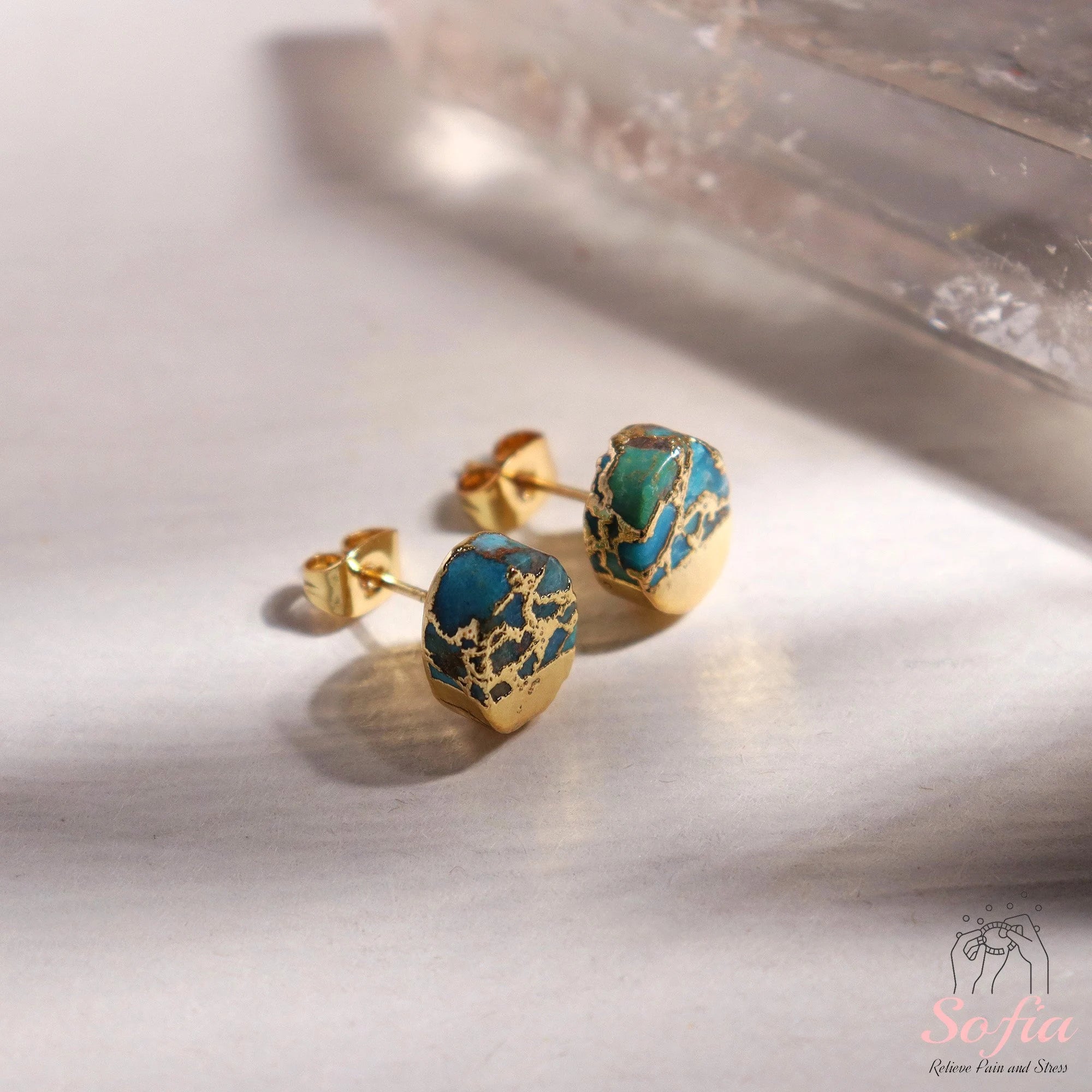 Turquoise Stone Stud Earrings - Natural Turquoise Gemstone Gold Earrings - Birthstone Post Earrings - Raw Turquoise Oval Stud Earrings