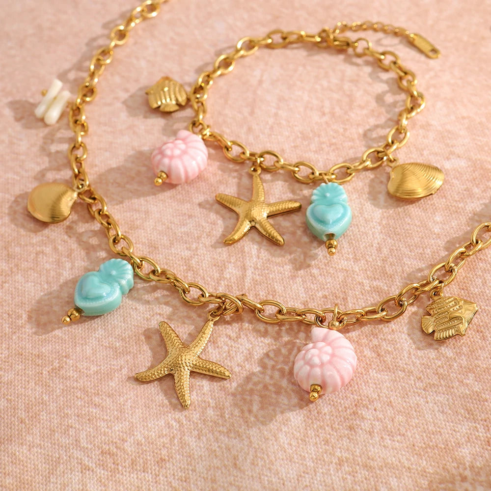 New in Stainless Steel Ocean Necklace Bracelet for Women Vintage 18K Gold Plated Beach Holiday Waterproof Jewelry