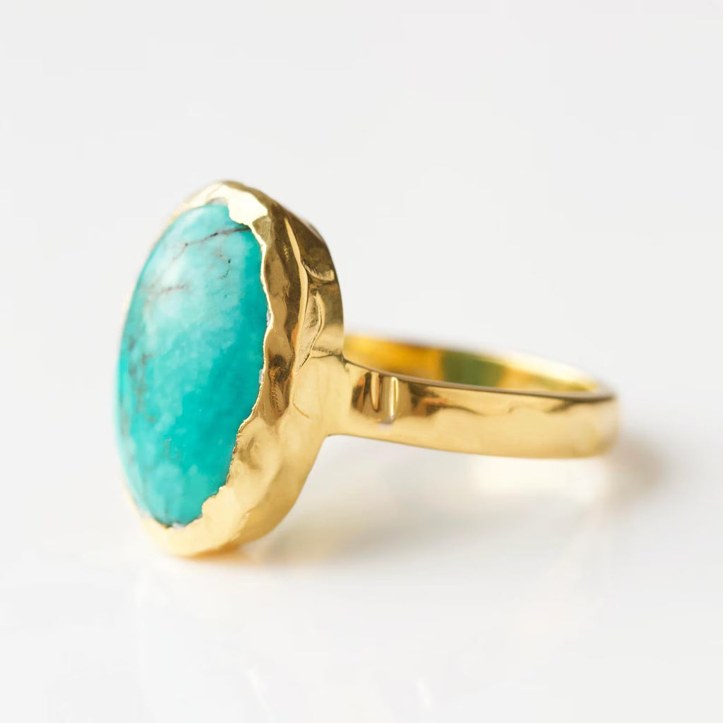 Yellow Gold Natural Turquoise Ring, 14K Gold Boho Jewelry, Statement Vintage Style Ring, Gift for Her, Unique Bridal or Engagement Rings