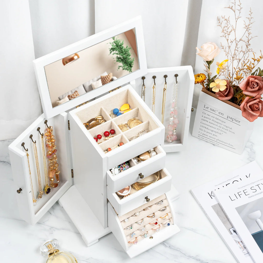 Jewelry Box, 4 Layer Wooden Jewelry Boxes for Women, Jewelry Organizer Box Display for Rings Earrings Necklaces Bracelets,Weathered White