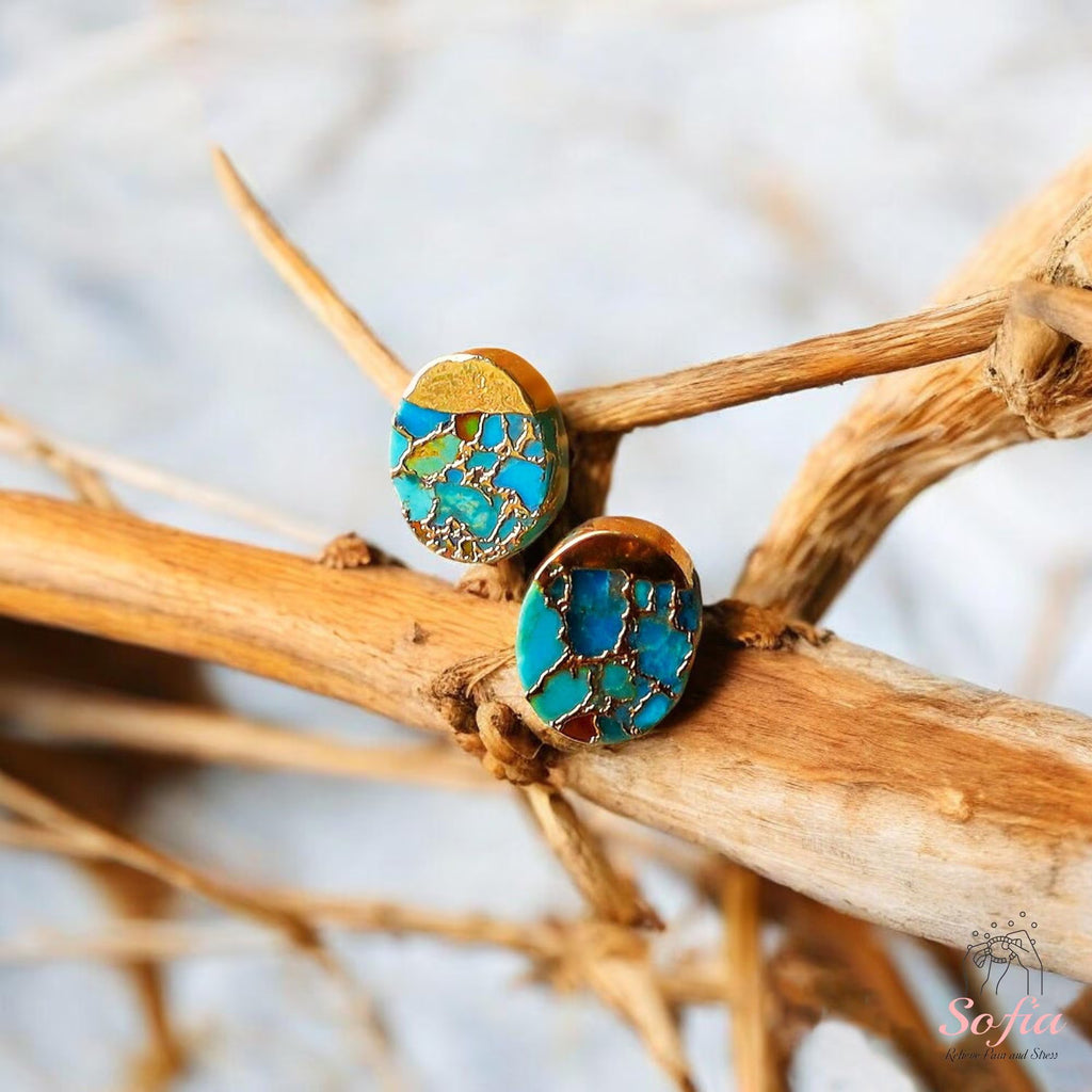 Turquoise Stone Stud Earrings - Natural Turquoise Gemstone Gold Earrings - Birthstone Post Earrings - Raw Turquoise Oval Stud Earrings
