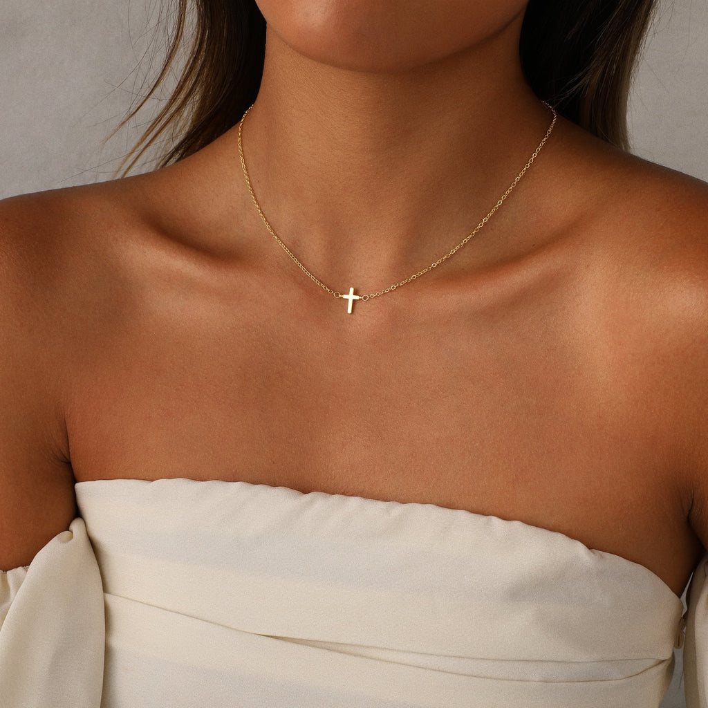 Cross Necklace for Women ,14K Gold Plated Sideways Set Dainty Simple Cross Choker Trendy Cute Pendant Chain Faith Jewelry Gift