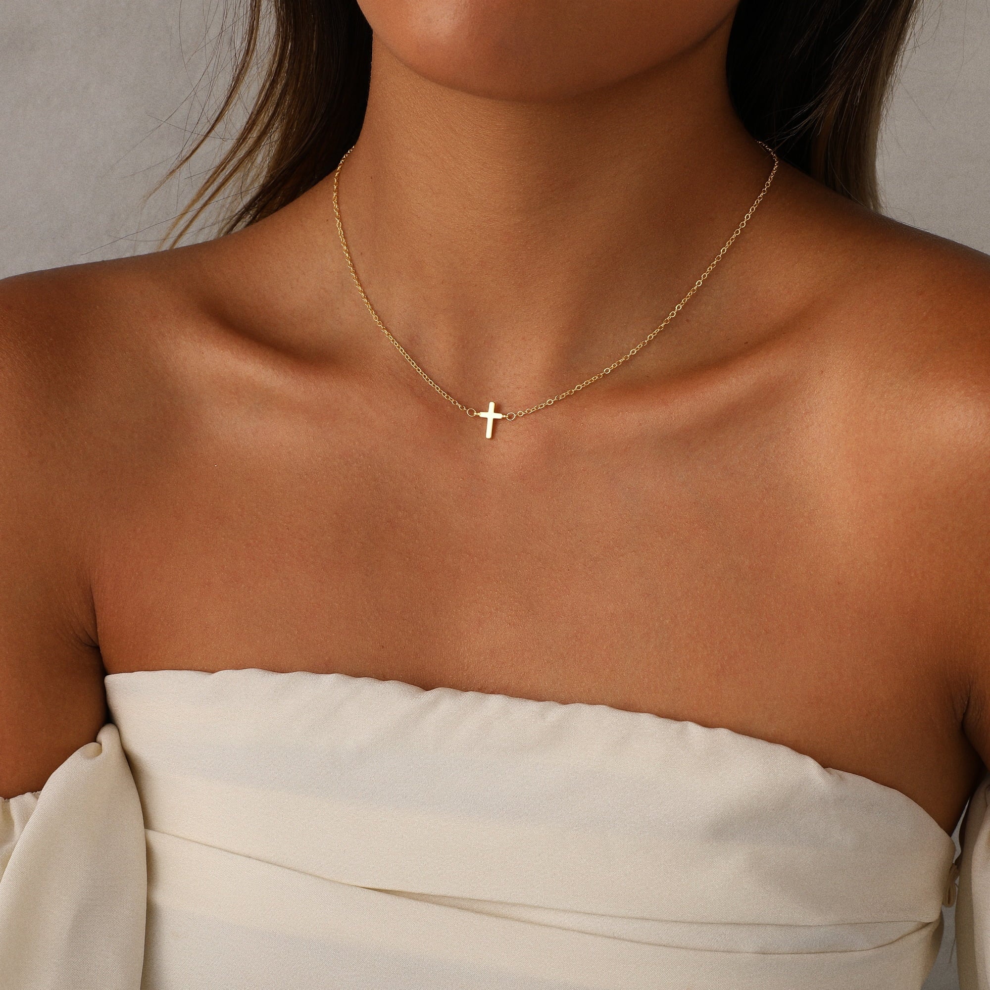 Cross Necklace for Women ,14K Gold Plated Sideways Set Dainty Simple Cross Choker Trendy Cute Pendant Chain Faith Jewelry Gift