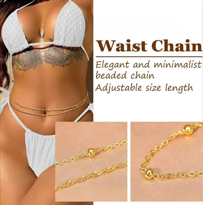 2Pcs 18K Gold Plated Waist Chains for Women Layered Belly Chains Pearl Beaded Chains for Waist Sexy Bikini Summer Beach Jewelry