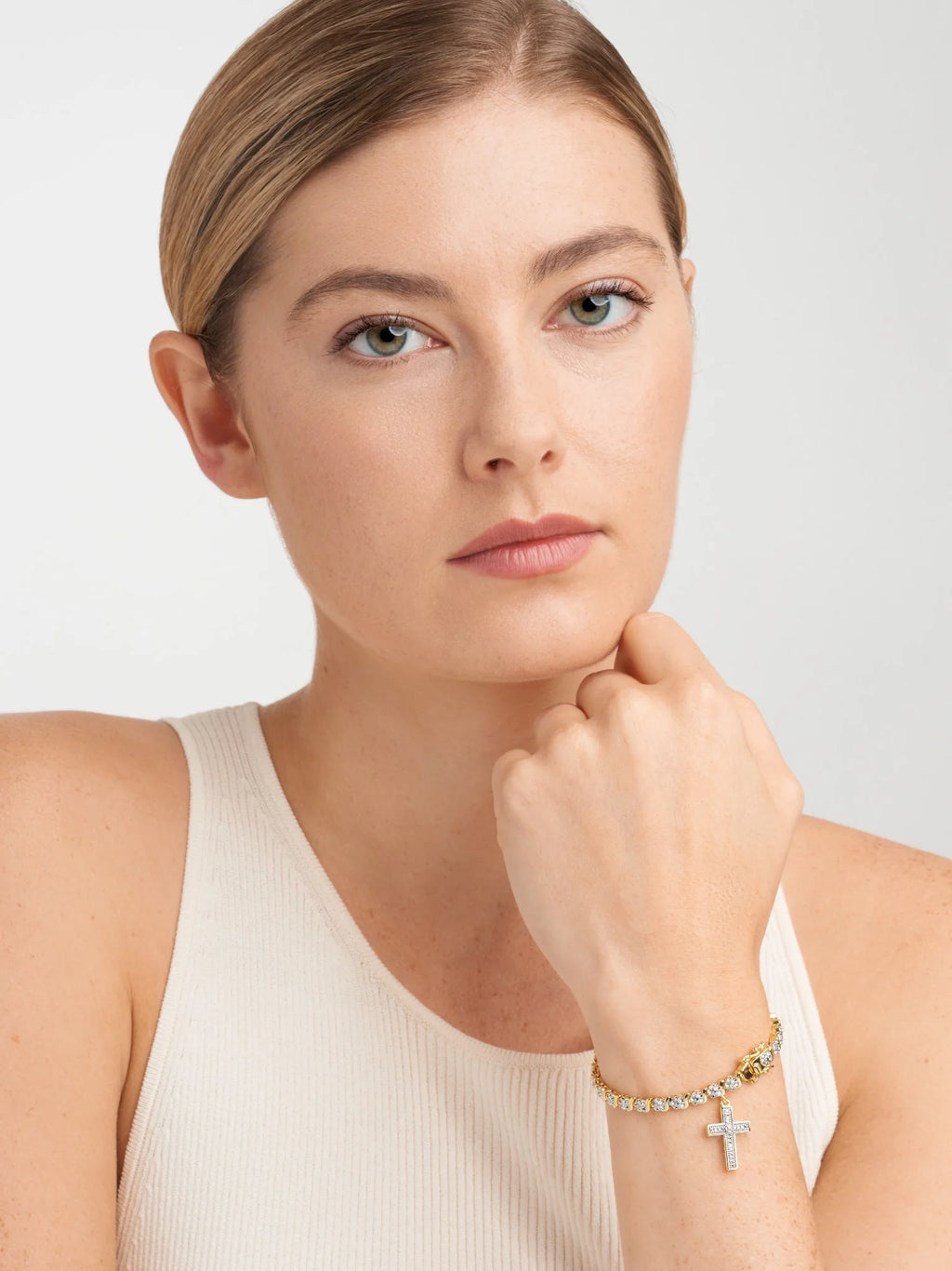 18K Yellow Gold Plated Diamond Accent Cross Charm Tennis Bracelet, 7.25"