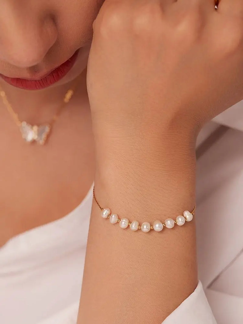 Uworld Elegant Natural Pearl 18K PVD Gold Plated Chain Bracelet 361L Stainless Steel Waterproof Jewelry Women Gift Bijoux Femme
