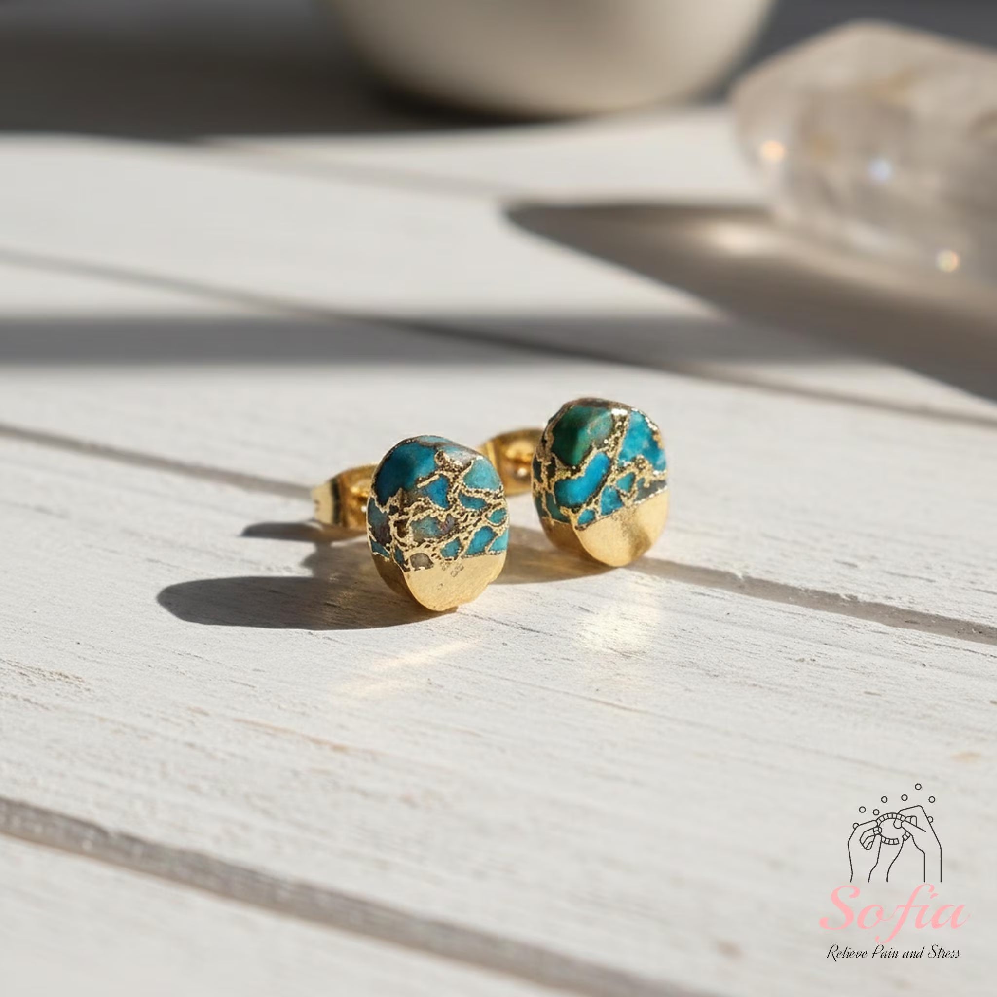 Turquoise Stone Stud Earrings - Natural Turquoise Gemstone Gold Earrings - Birthstone Post Earrings - Raw Turquoise Oval Stud Earrings