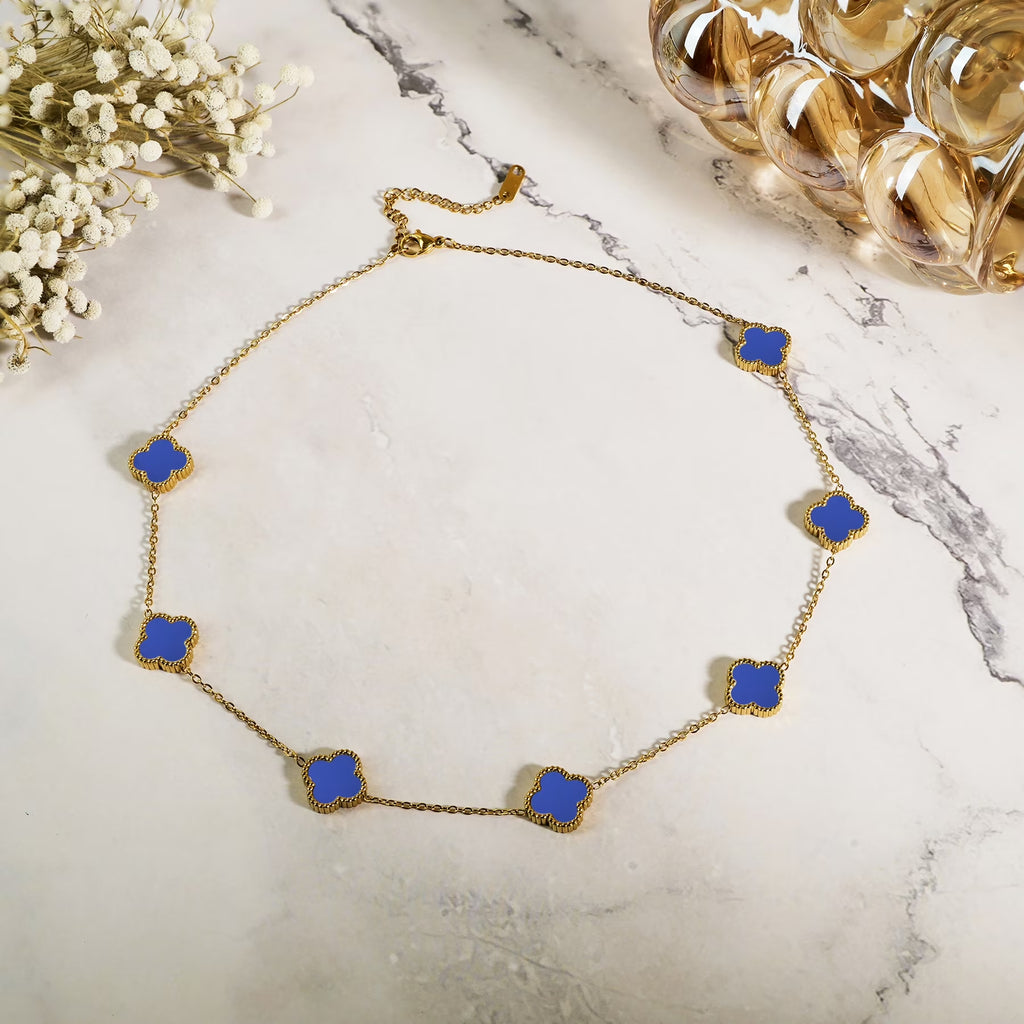 Blue Flower Station Necklace in Yellow Gold Plated