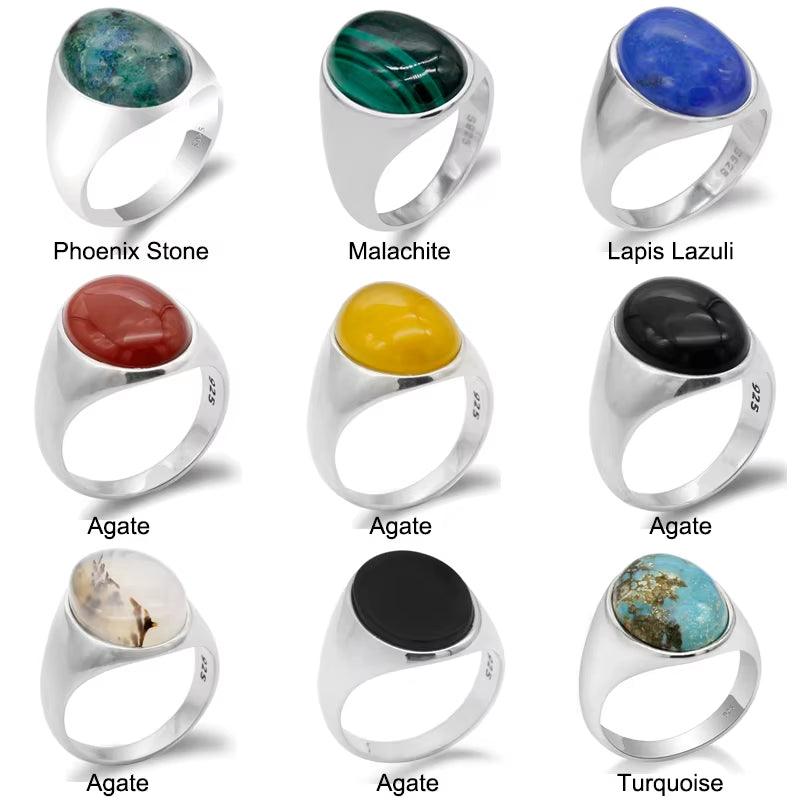 925 Sterling Silver Men Ring with Turquoise/Lapis Lazuli/Agate/Malachite/Onyx/Phoenix Stone Simple Jewelry to Male Women Gift