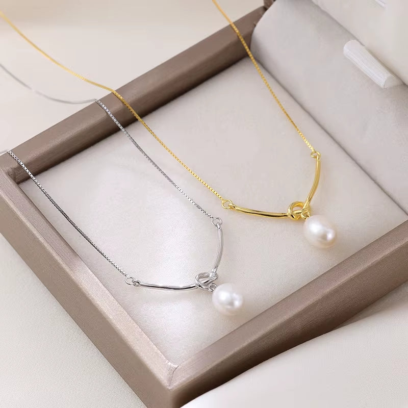Fashion Jewelry 925 Sterling Silver Necklaces Real Natural Pearl Pendant Knot Shaped Gold Plated Necklaces for Women