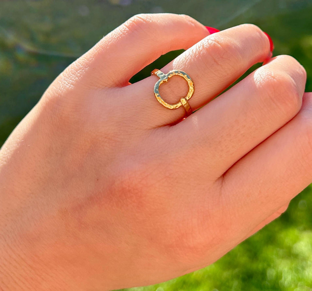 Waterproof Gold Ring, Hammered Gold Open Circle Ring, Adjustable