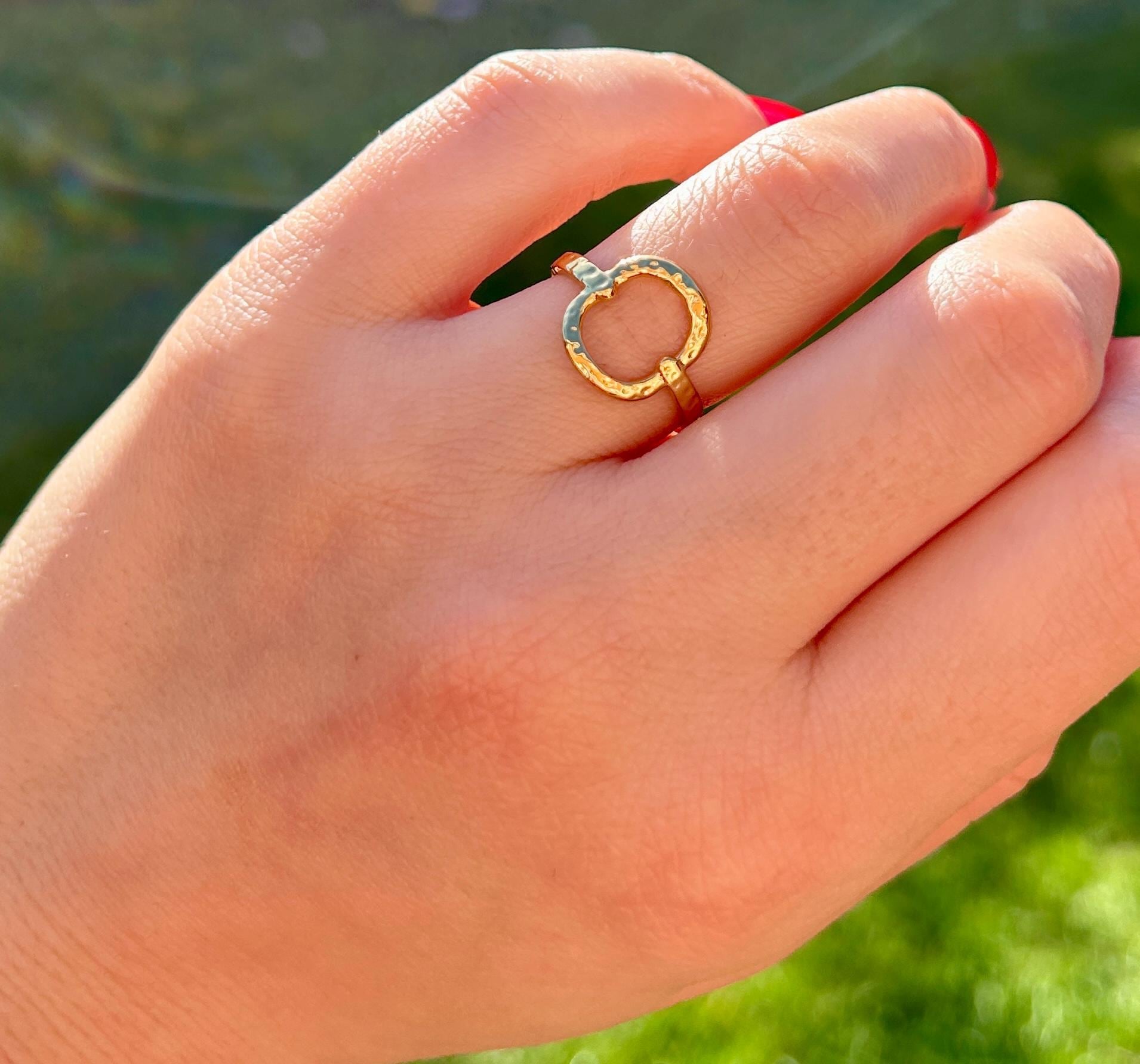 Waterproof Gold Ring, Hammered Gold Open Circle Ring, Adjustable