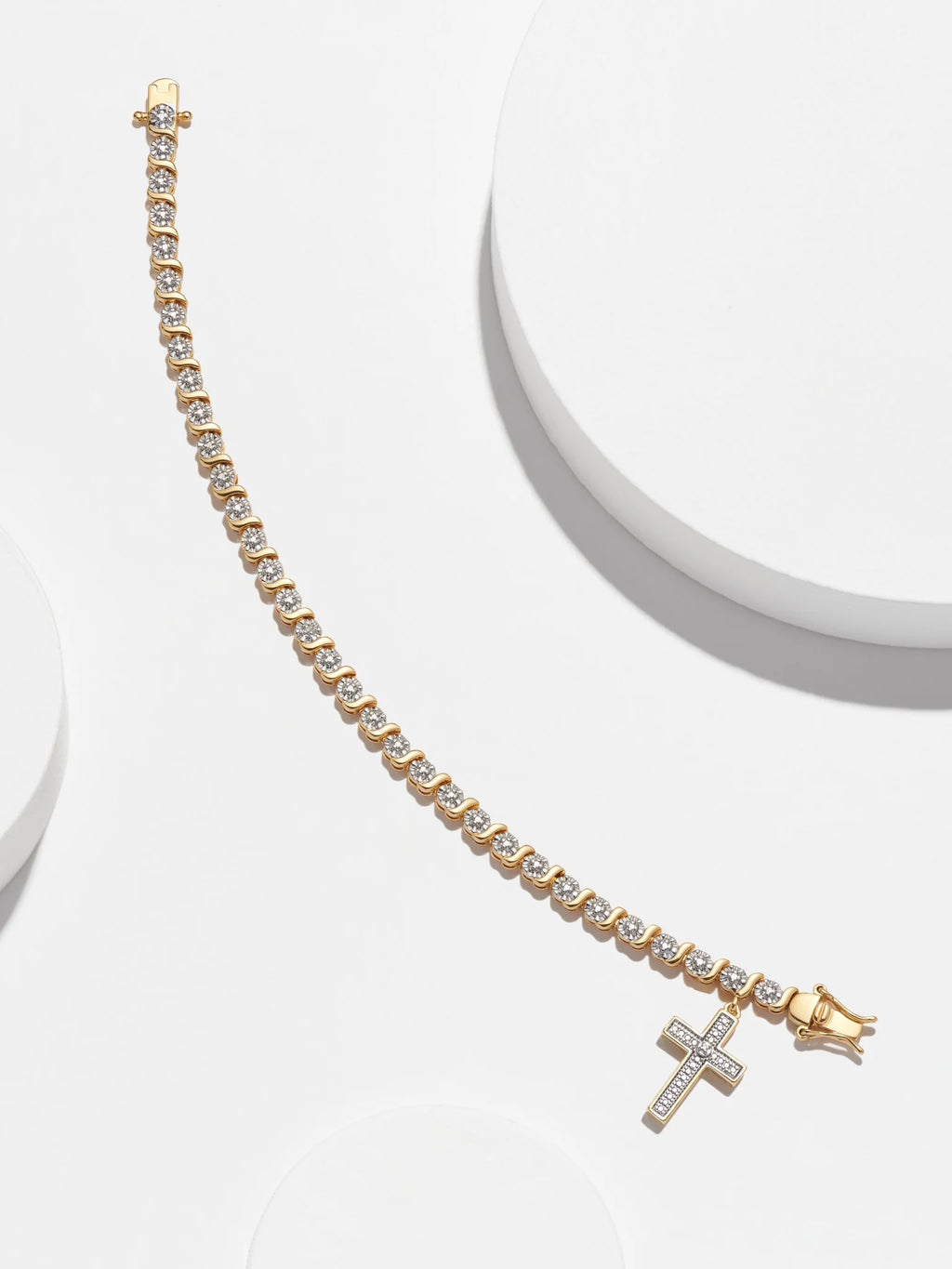 18K Yellow Gold Plated Diamond Accent Cross Charm Tennis Bracelet, 7.25"