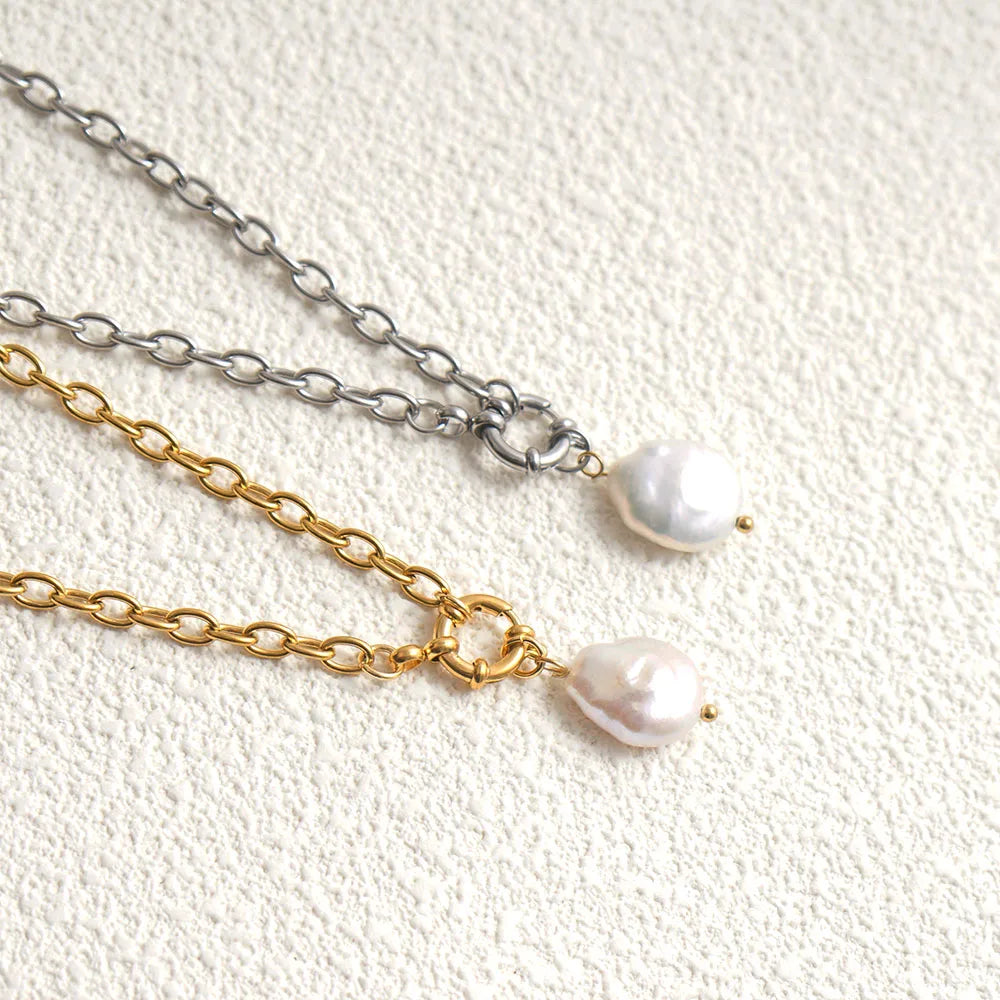 Natural Pearl Necklace for Women Stainless Steel Sailor Clasp Choker Gold/Silver Color Metal Rolo Chian Femme Stone Collier