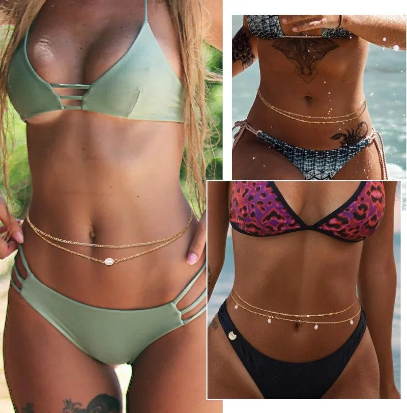 2Pcs 18K Gold Plated Waist Chains for Women Layered Belly Chains Pearl Beaded Chains for Waist Sexy Bikini Summer Beach Jewelry