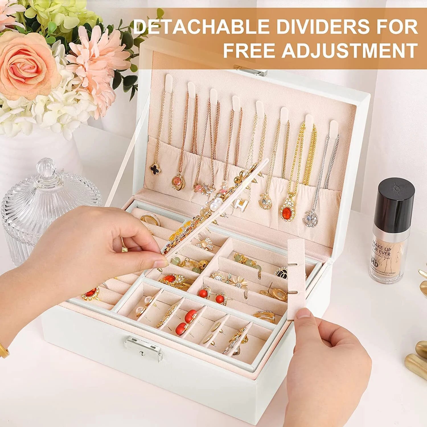 Lockable Birthday Wedding Day Jewelry Boxes, Faux Leather Metal and Velvet, White