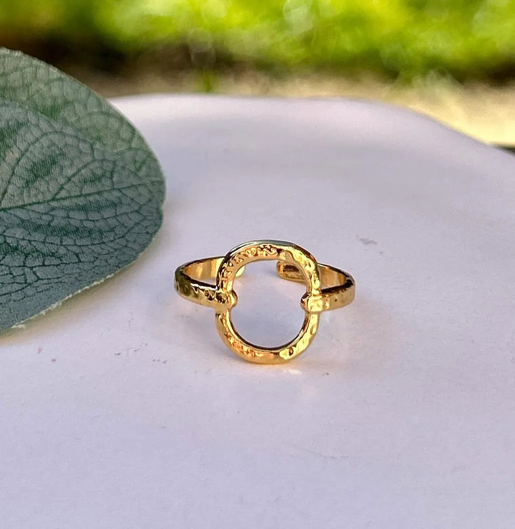 Waterproof Gold Ring, Hammered Gold Open Circle Ring, Adjustable