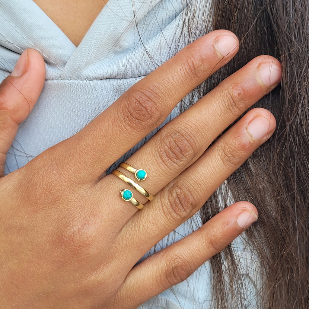Handmade Turquoise Stone Brass Ring: Adjustable Gold Tone Statement Ring