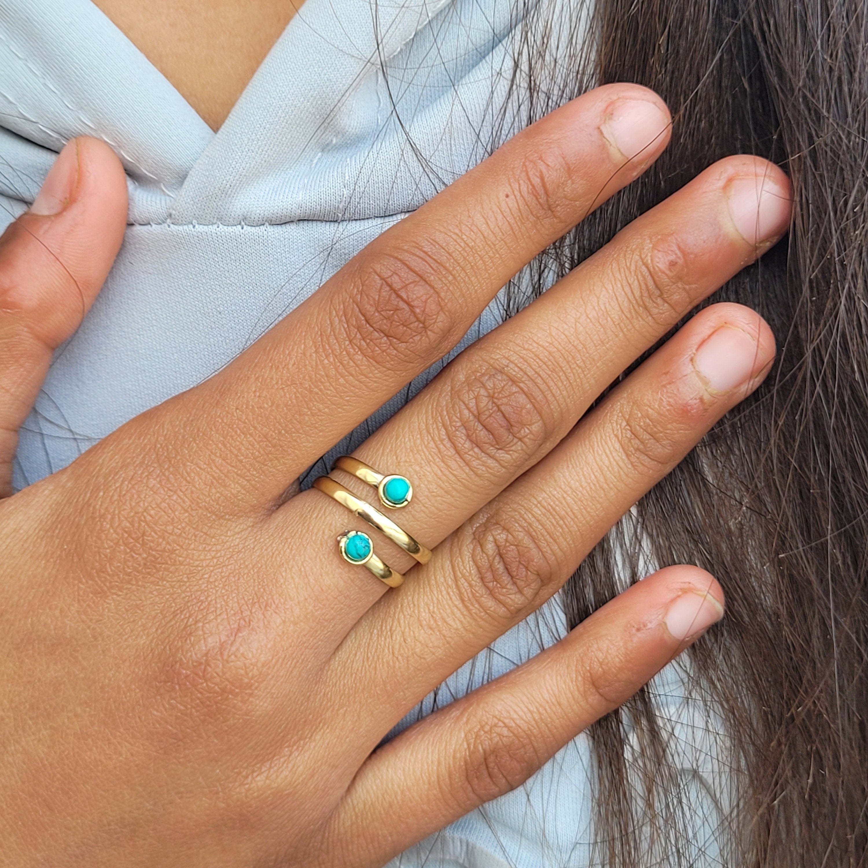 Handmade Turquoise Stone Brass Ring: Adjustable Gold Tone Statement Ring