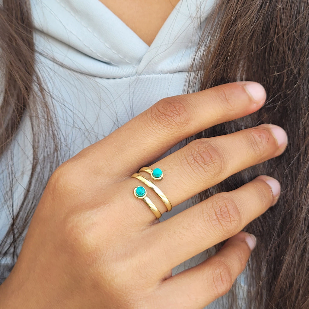 Handmade Turquoise Stone Brass Ring: Adjustable Gold Tone Statement Ring