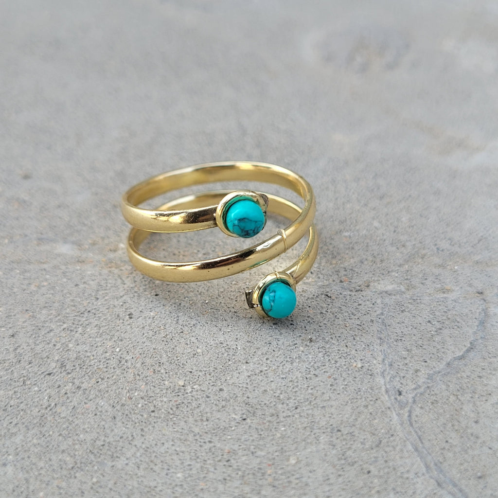 Handmade Turquoise Stone Brass Ring: Adjustable Gold Tone Statement Ring