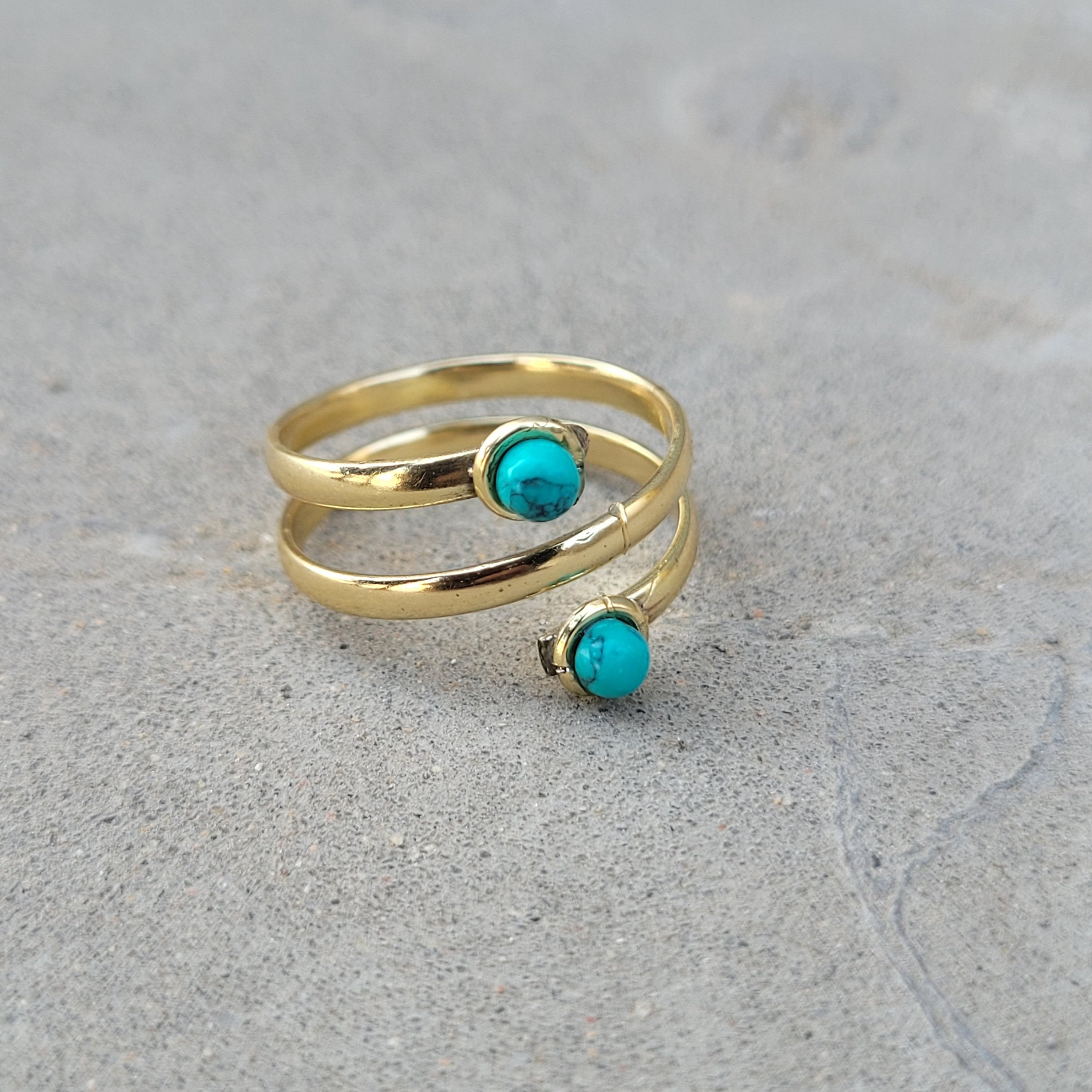 Handmade Turquoise Stone Brass Ring: Adjustable Gold Tone Statement Ring
