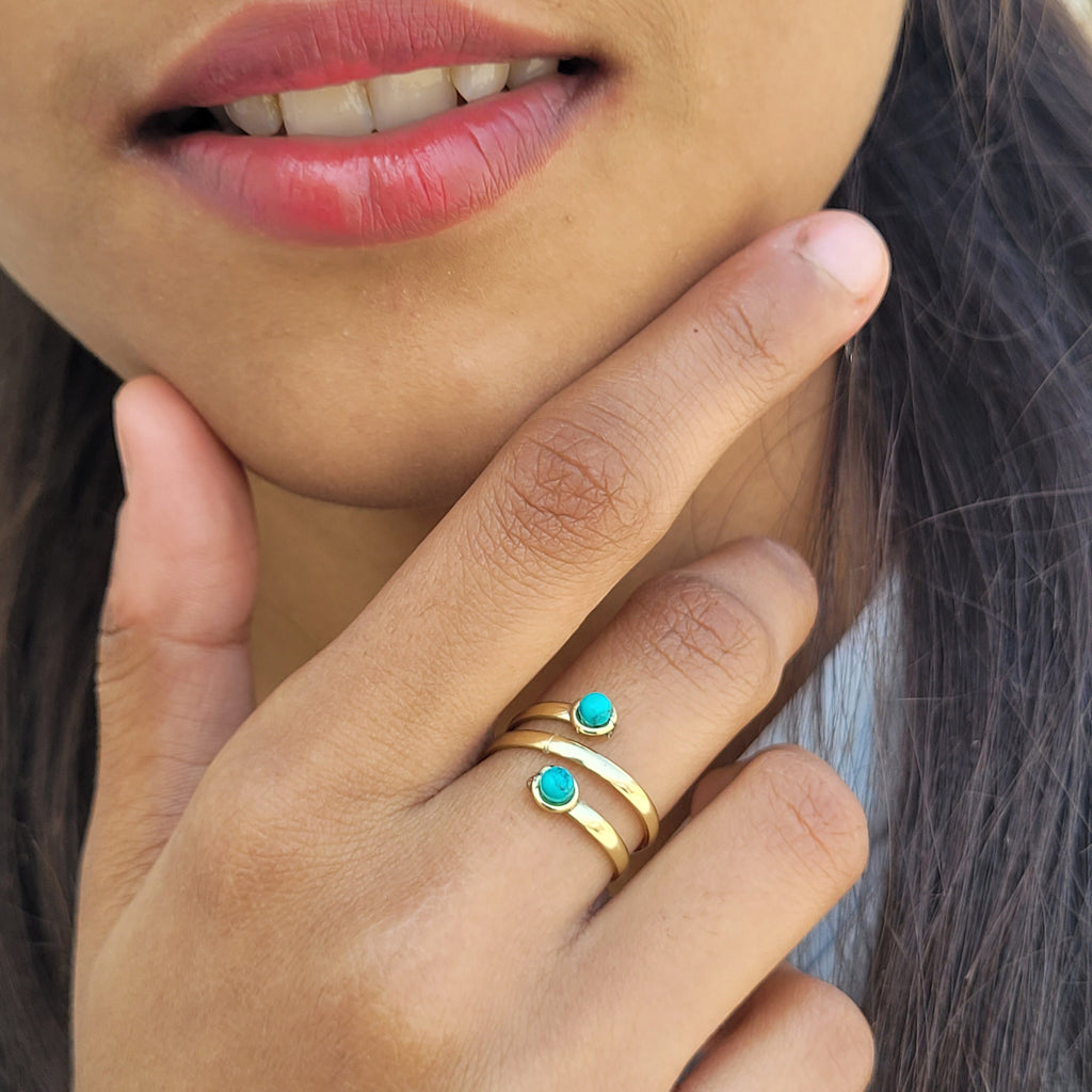 Handmade Turquoise Stone Brass Ring: Adjustable Gold Tone Statement Ring