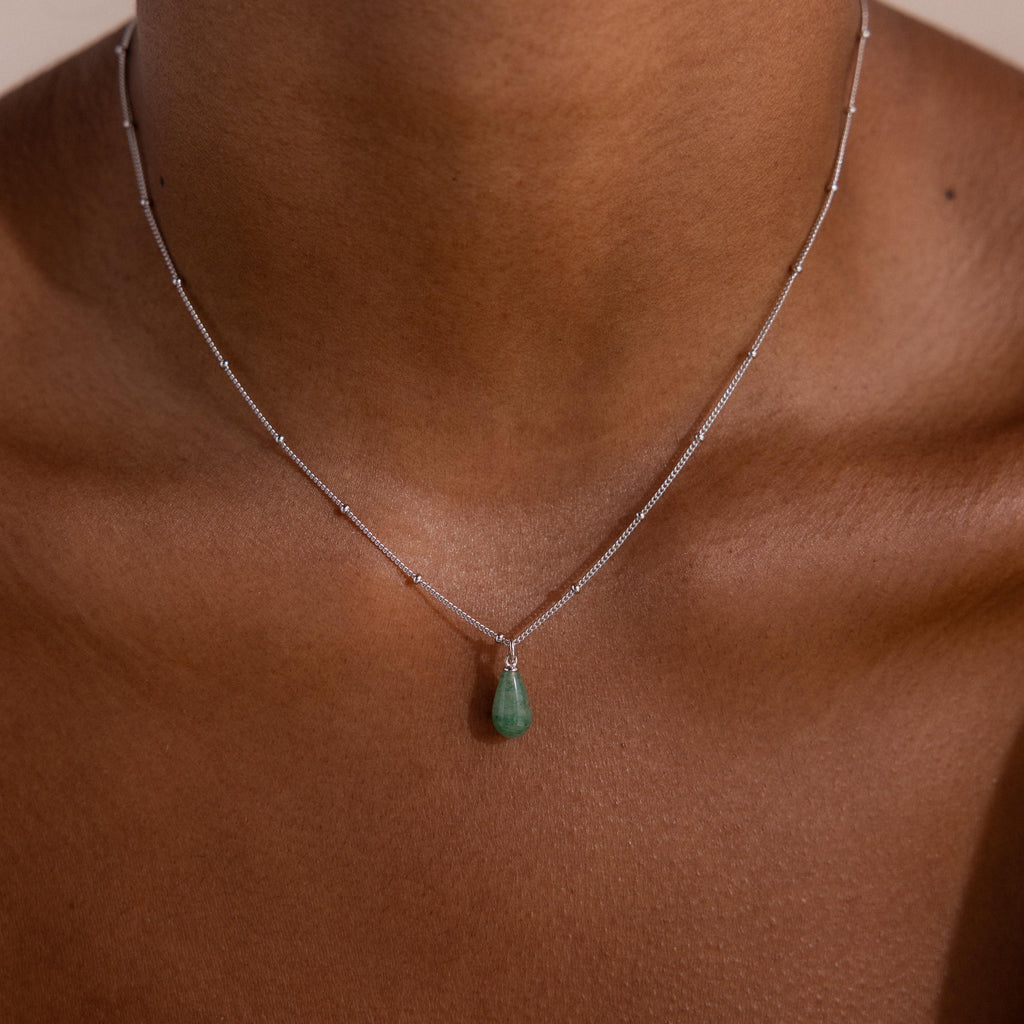 Tear Drop Jade Necklace by Caitlyn Minimalist • Jade Pendant Necklace on Beaded Satellite Chain • Boho Silver Jewelry • Gift for Her • NR295