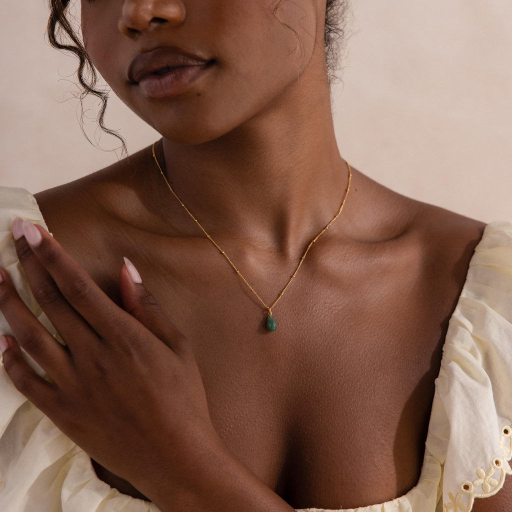 Tear Drop Jade Necklace by Caitlyn Minimalist • Jade Pendant Necklace on Beaded Satellite Chain • Boho Silver Jewelry • Gift for Her • NR295