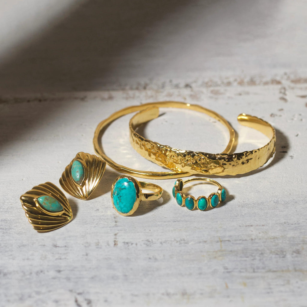 Yellow Gold Natural Turquoise Ring, 14K Gold Boho Jewelry, Statement Vintage Style Ring, Gift for Her, Unique Bridal or Engagement Rings