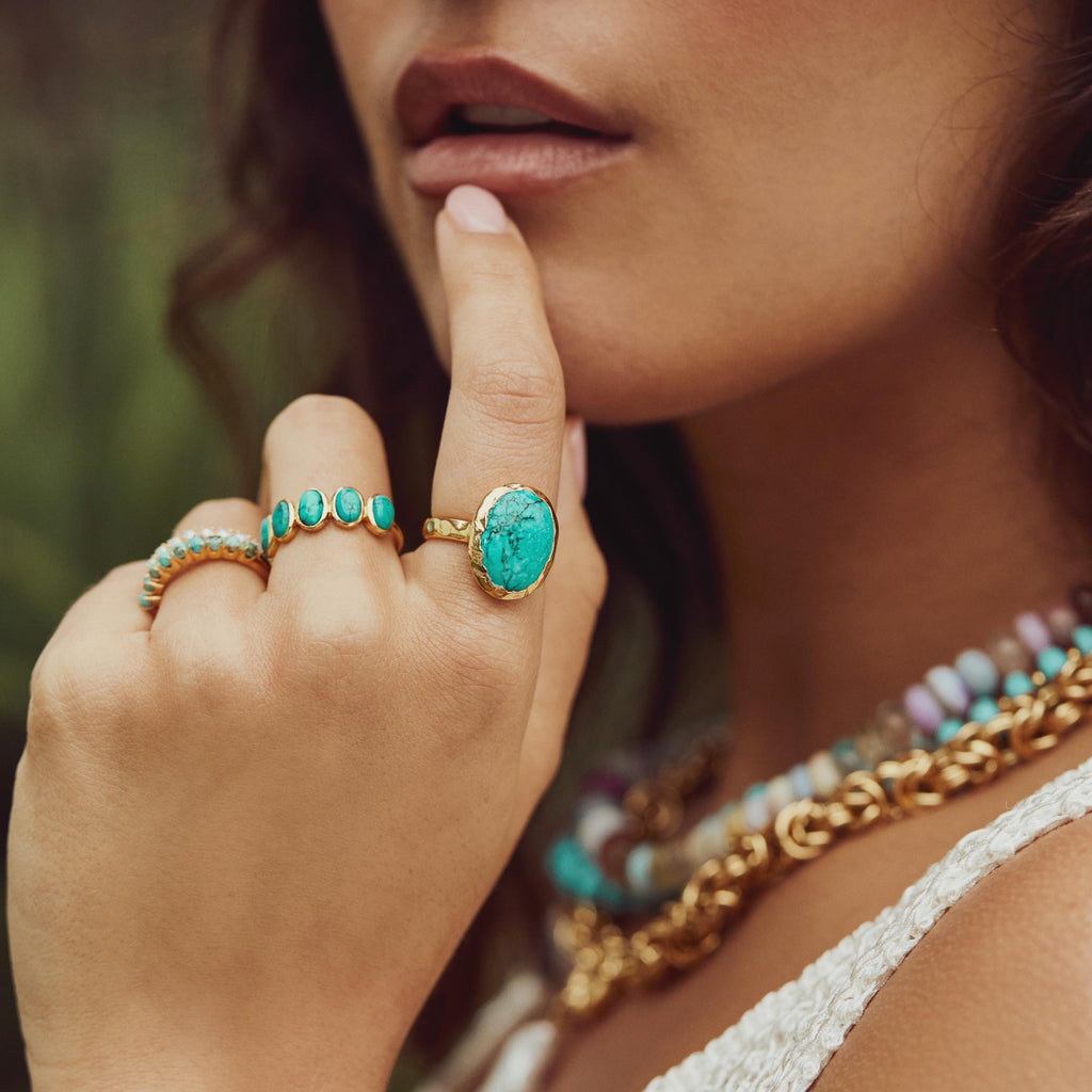 Yellow Gold Natural Turquoise Ring, 14K Gold Boho Jewelry, Statement Vintage Style Ring, Gift for Her, Unique Bridal or Engagement Rings