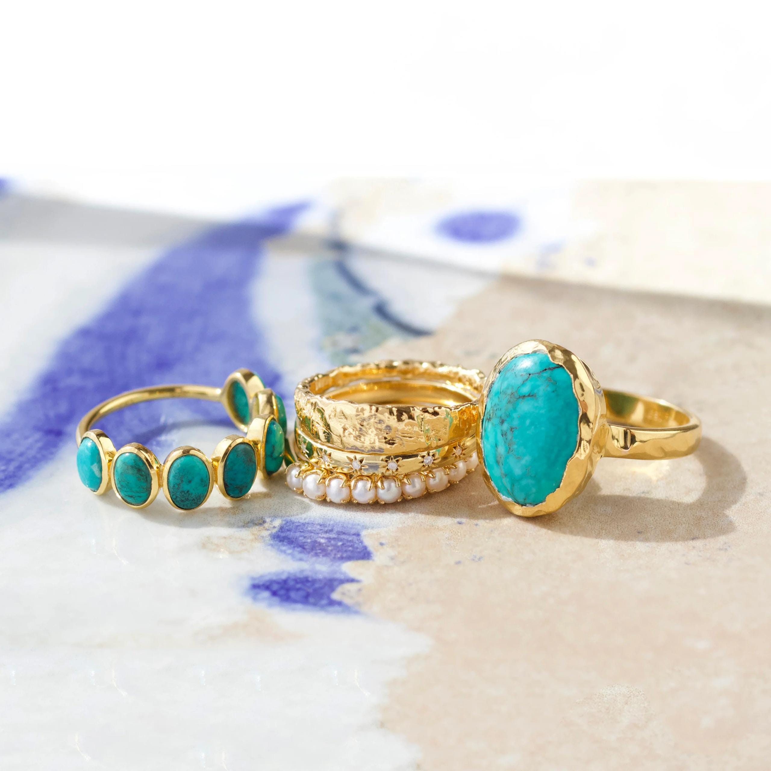 Yellow Gold Natural Turquoise Ring, 14K Gold Boho Jewelry, Statement Vintage Style Ring, Gift for Her, Unique Bridal or Engagement Rings
