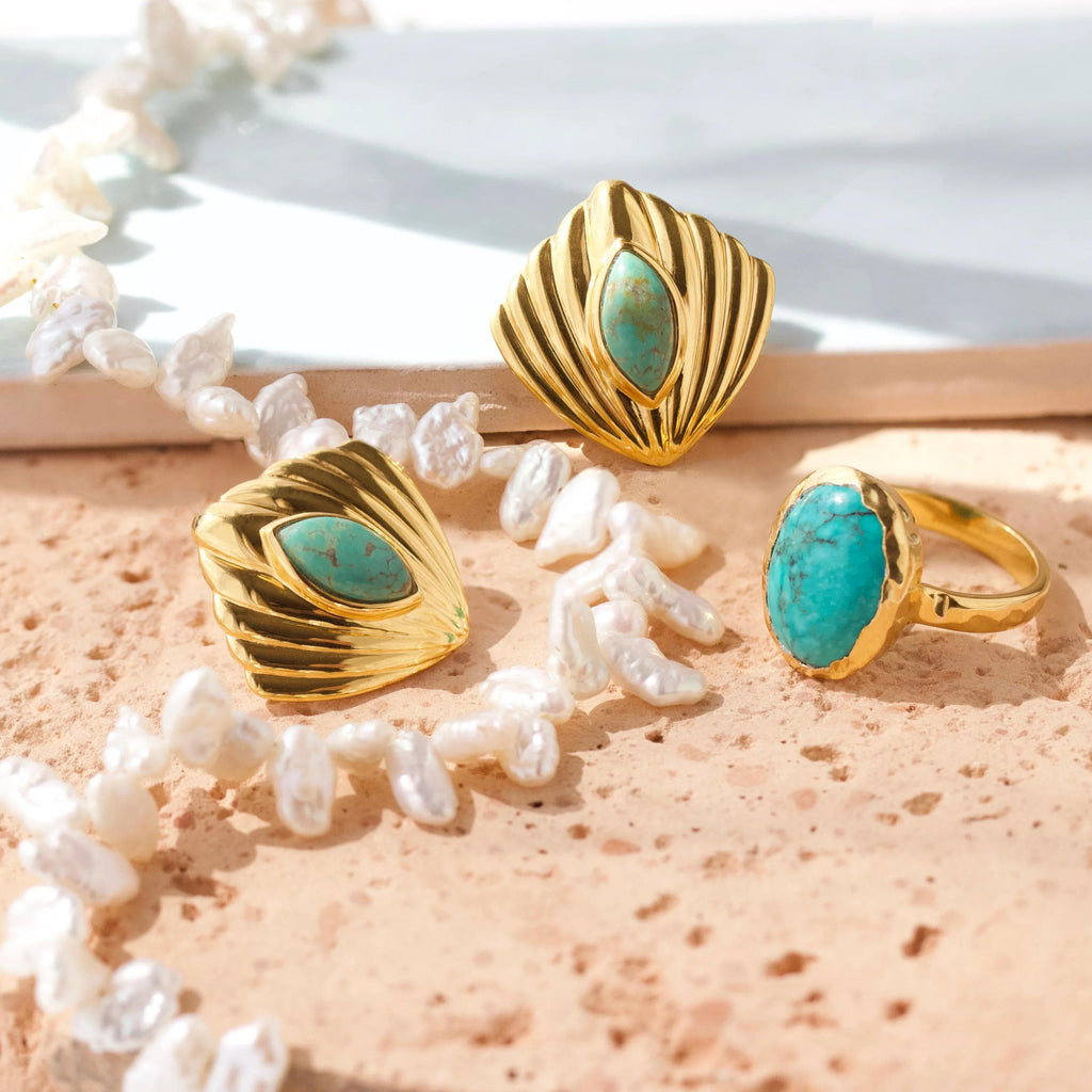 Yellow Gold Natural Turquoise Ring, 14K Gold Boho Jewelry, Statement Vintage Style Ring, Gift for Her, Unique Bridal or Engagement Rings