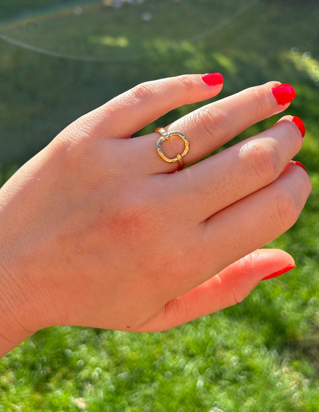 Waterproof Gold Ring, Hammered Gold Open Circle Ring, Adjustable