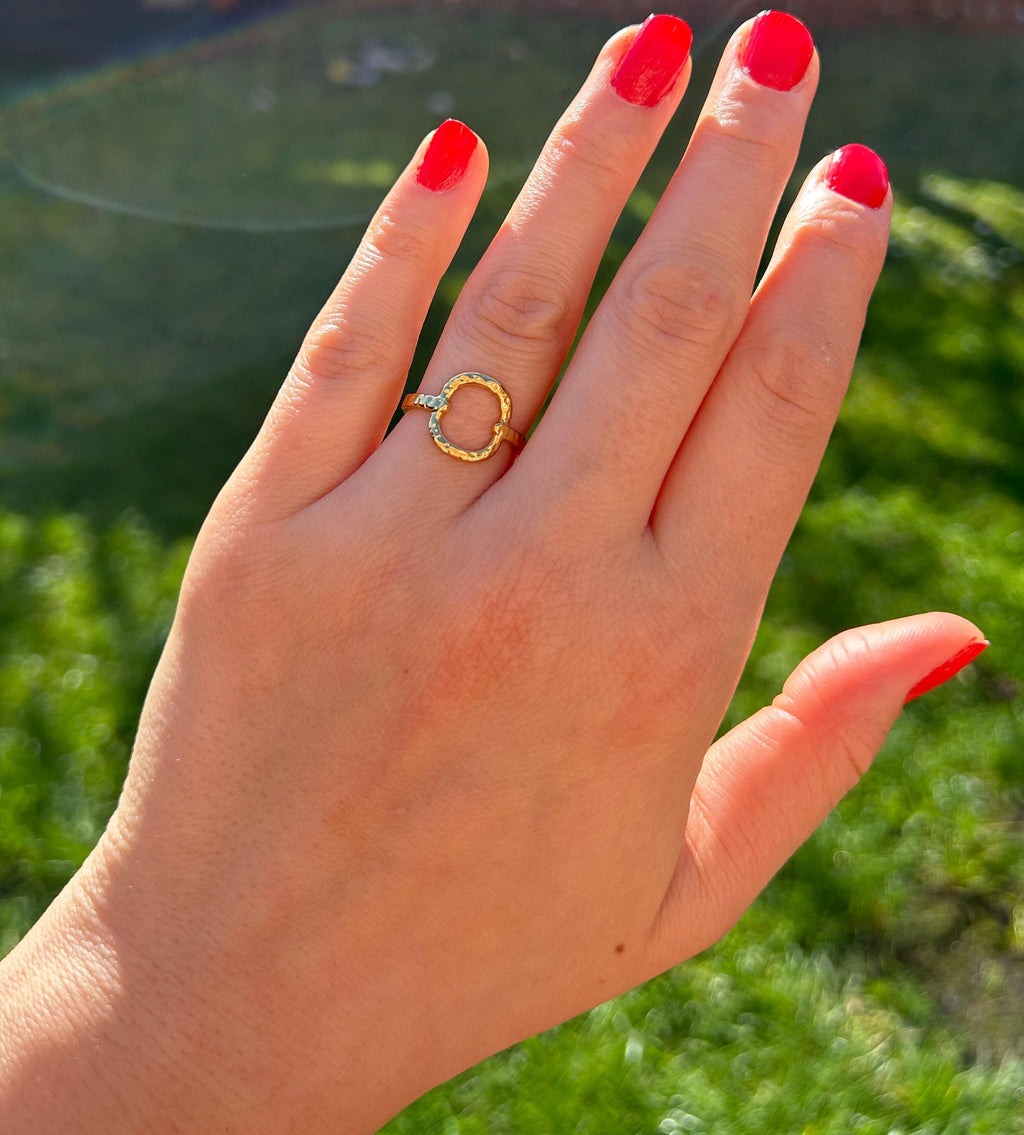 Waterproof Gold Ring, Hammered Gold Open Circle Ring, Adjustable