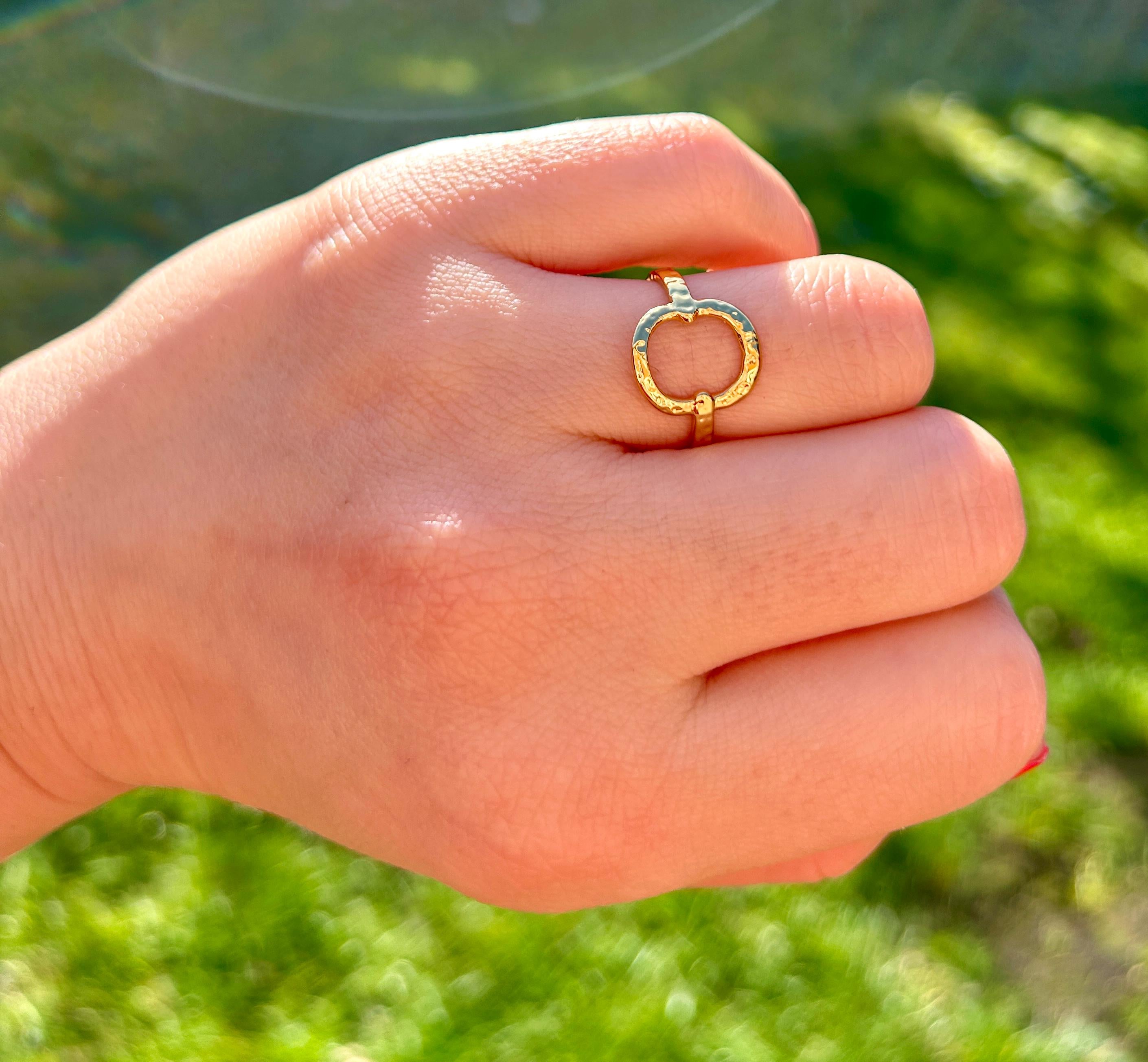 Waterproof Gold Ring, Hammered Gold Open Circle Ring, Adjustable